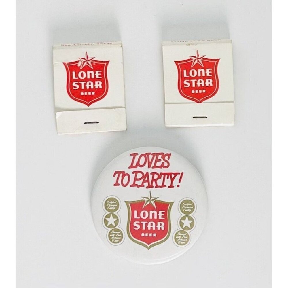 Vintage Lone Star Beer Lot: Button Pin & 2 Matchbooks  Loves To Party Brewing Co